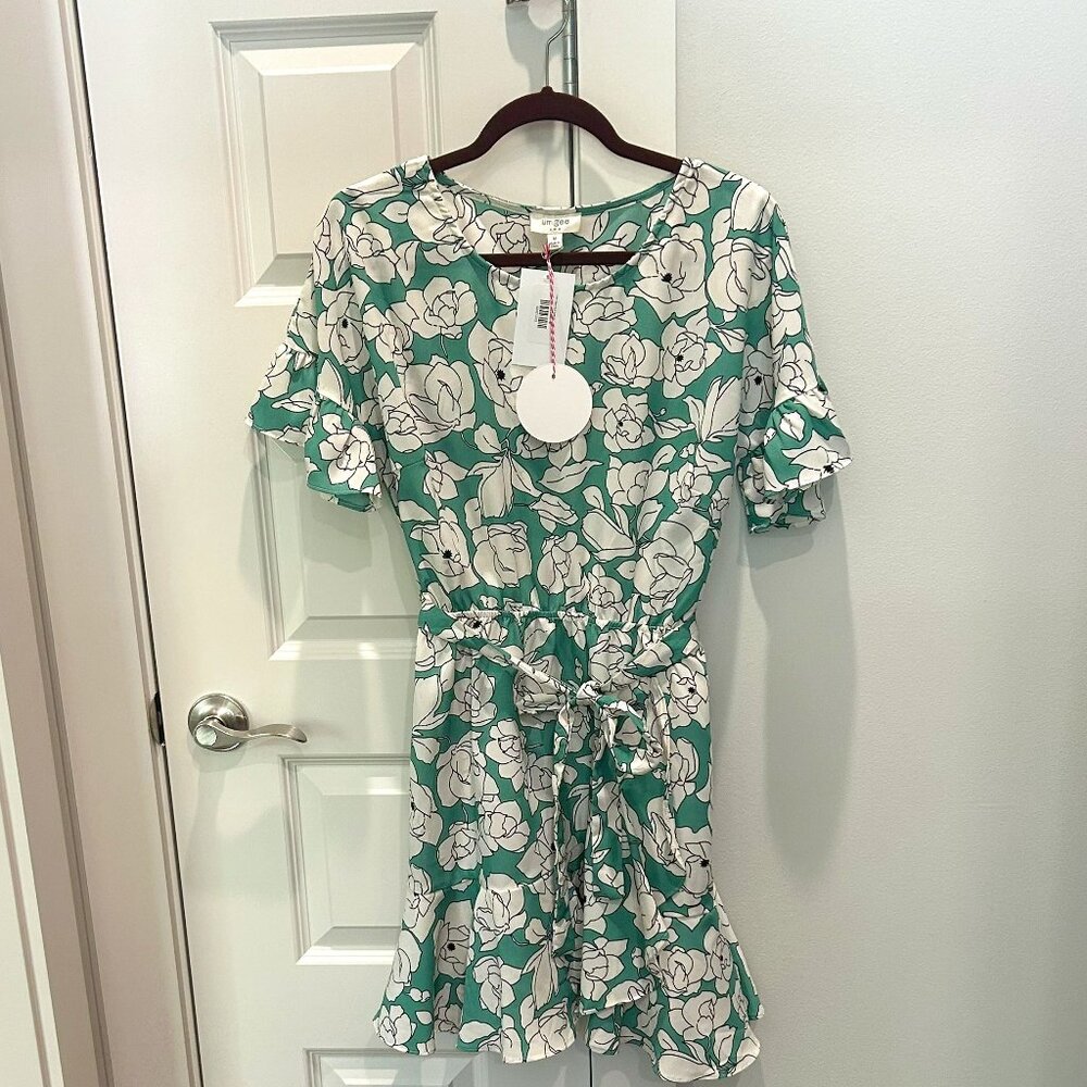 Umgee Mint Green and White Floral Tie-Waist Dress